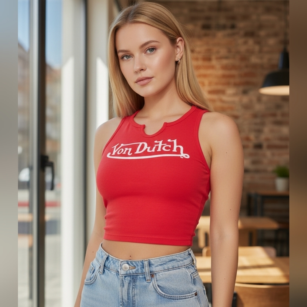 EUC Von Dutch Ribbed Notch Neck Cropped Tank Top - Red!